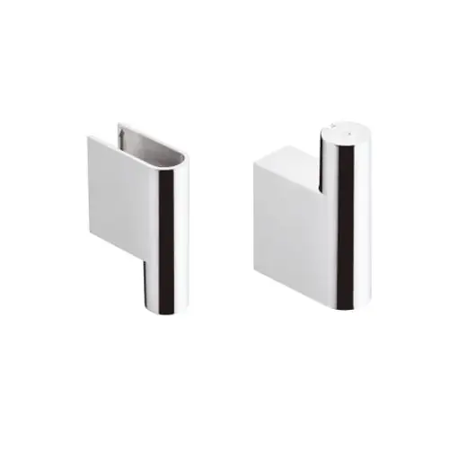 Zwei chromfarbene Abdeckungen mit unterschiedlichen Formen für eine Brausenstange, hergestellt von Hansgrohe, angeordnet auf einem weißen Hintergrund.